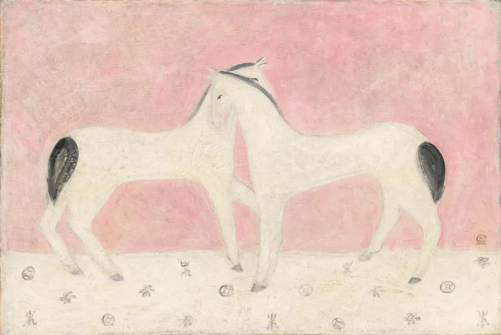 Obra Pair of White Horses, es una pintura de dos caballos blancos enfrentados sobre un fondo rosa.