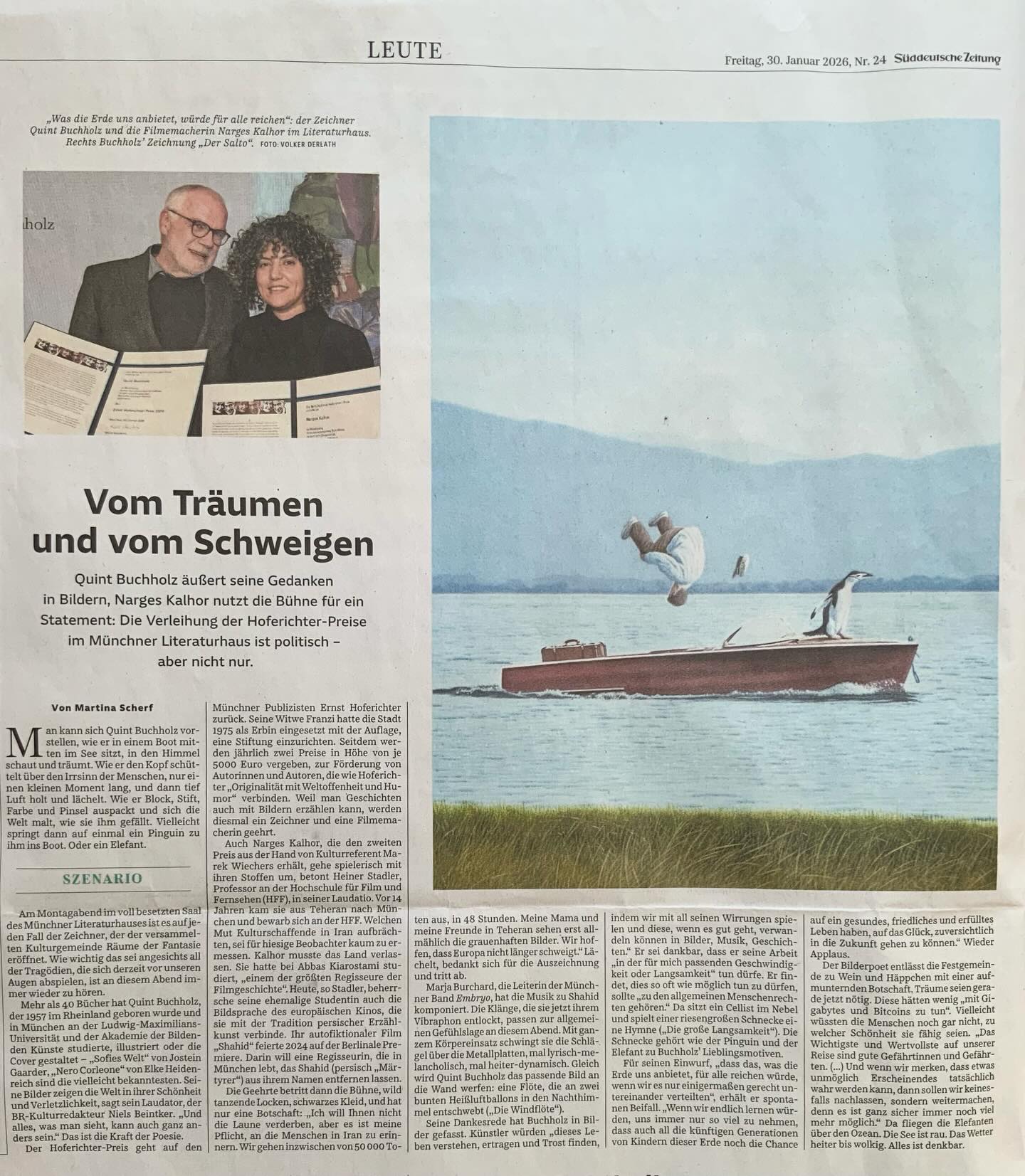 Gestern in der Süddeutschen Zeitung dieser wunderbare Artikel. 
Am Mittwochabend bekam ich im Literaturhaus München den 